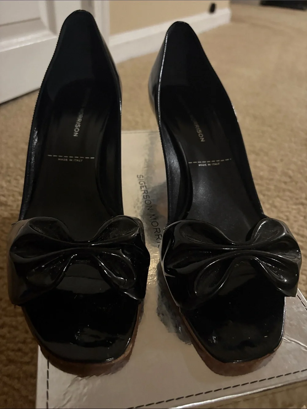 Sigerson Morrison Black Patent Bow Peep Toe Heels